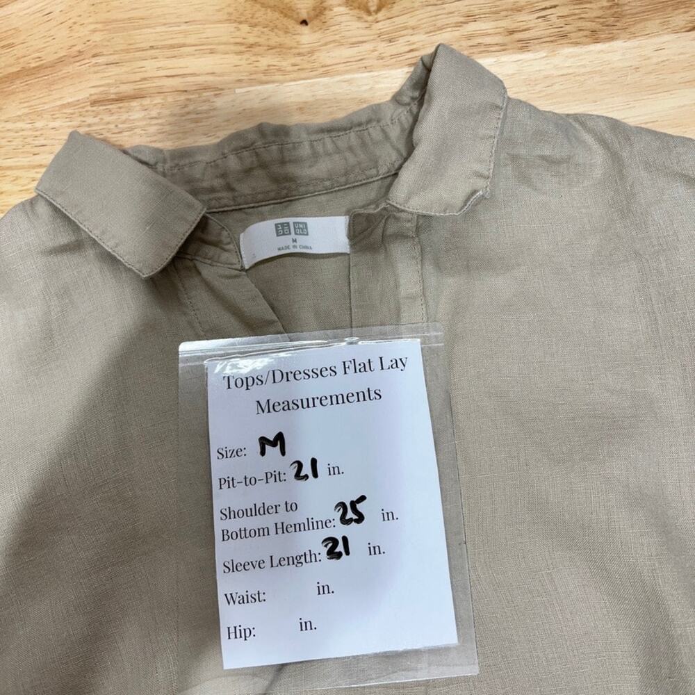 Uniqlo Tan Linen Popover Collared Long Sleeve Blouse Women's M Minimalist - Picture 6 of 6